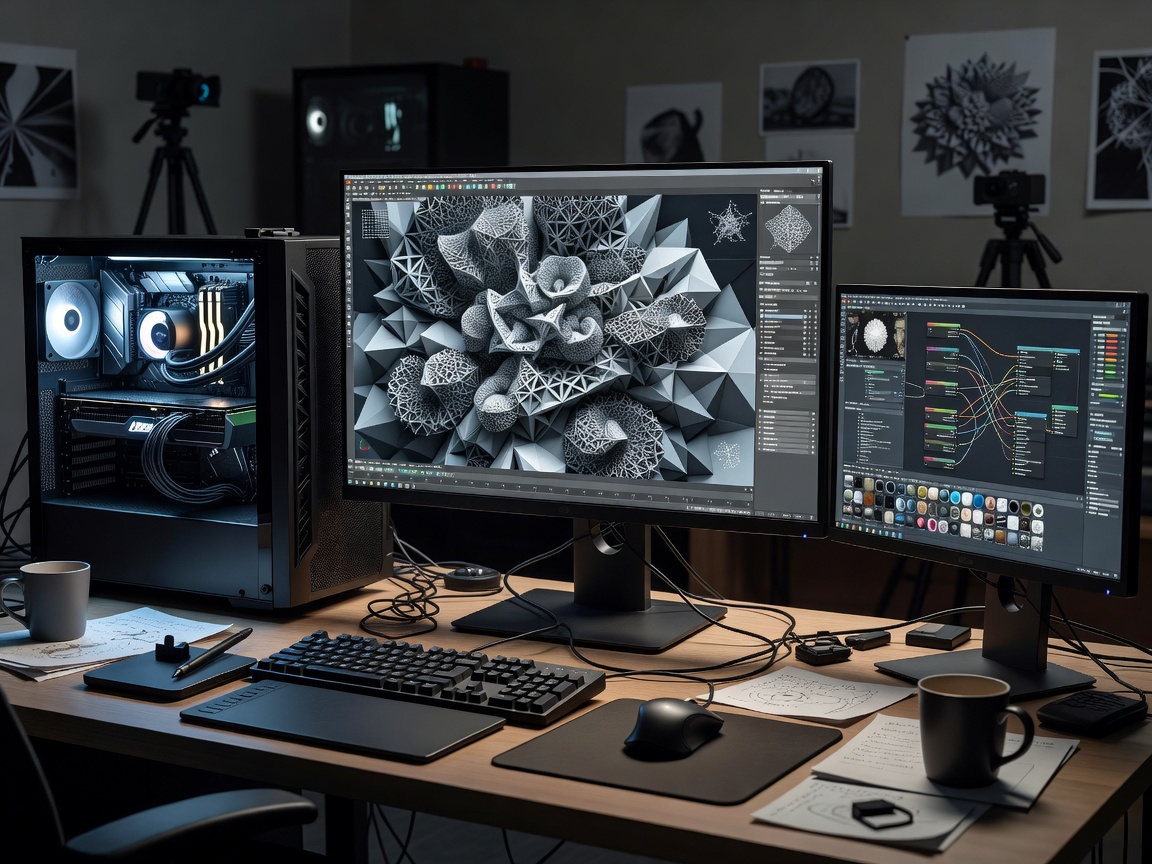 3D modeling and raytracing workstation rendering complex scene geometry