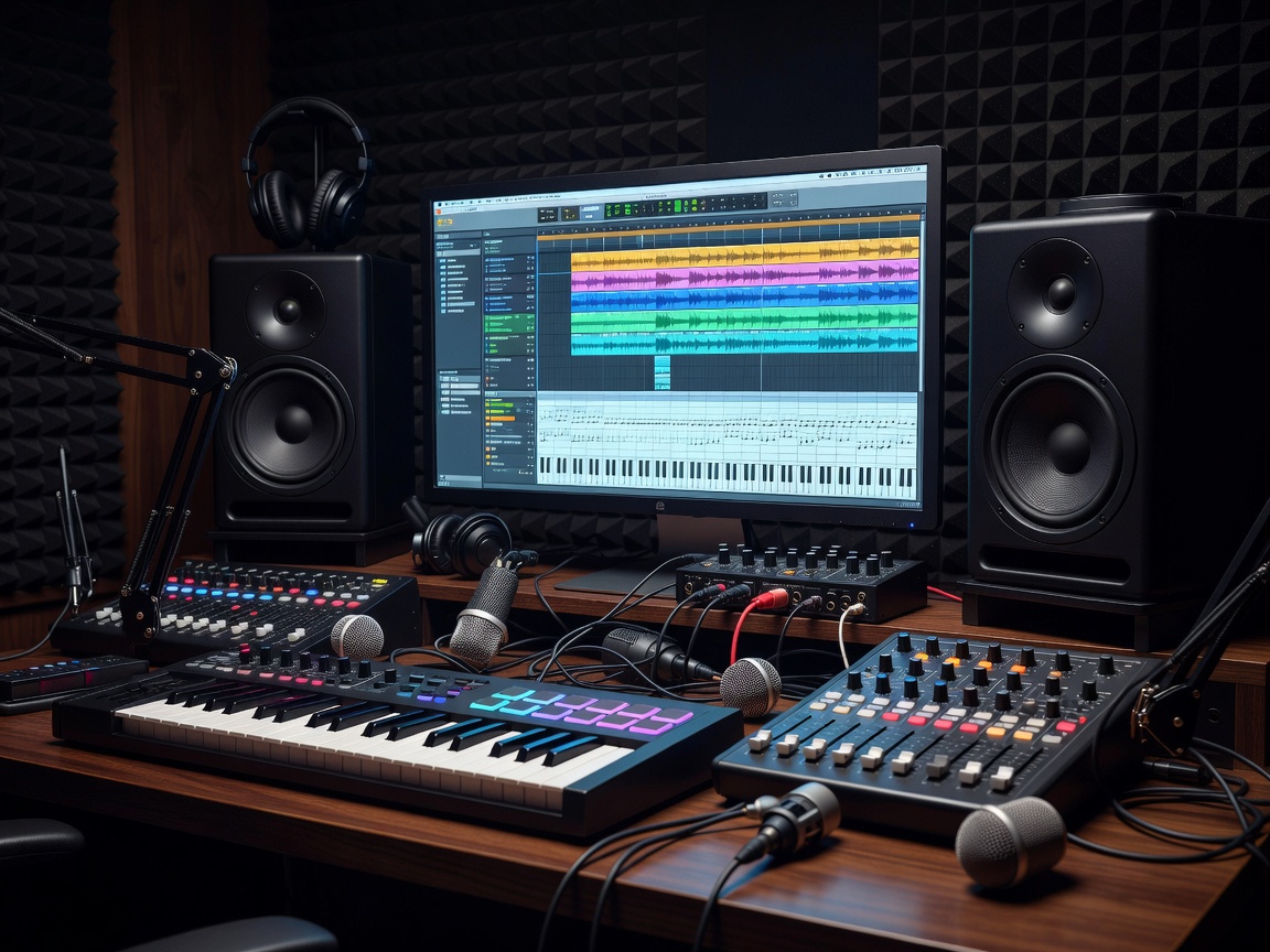 Audio recording and digital music production workstation connected to studio monitors