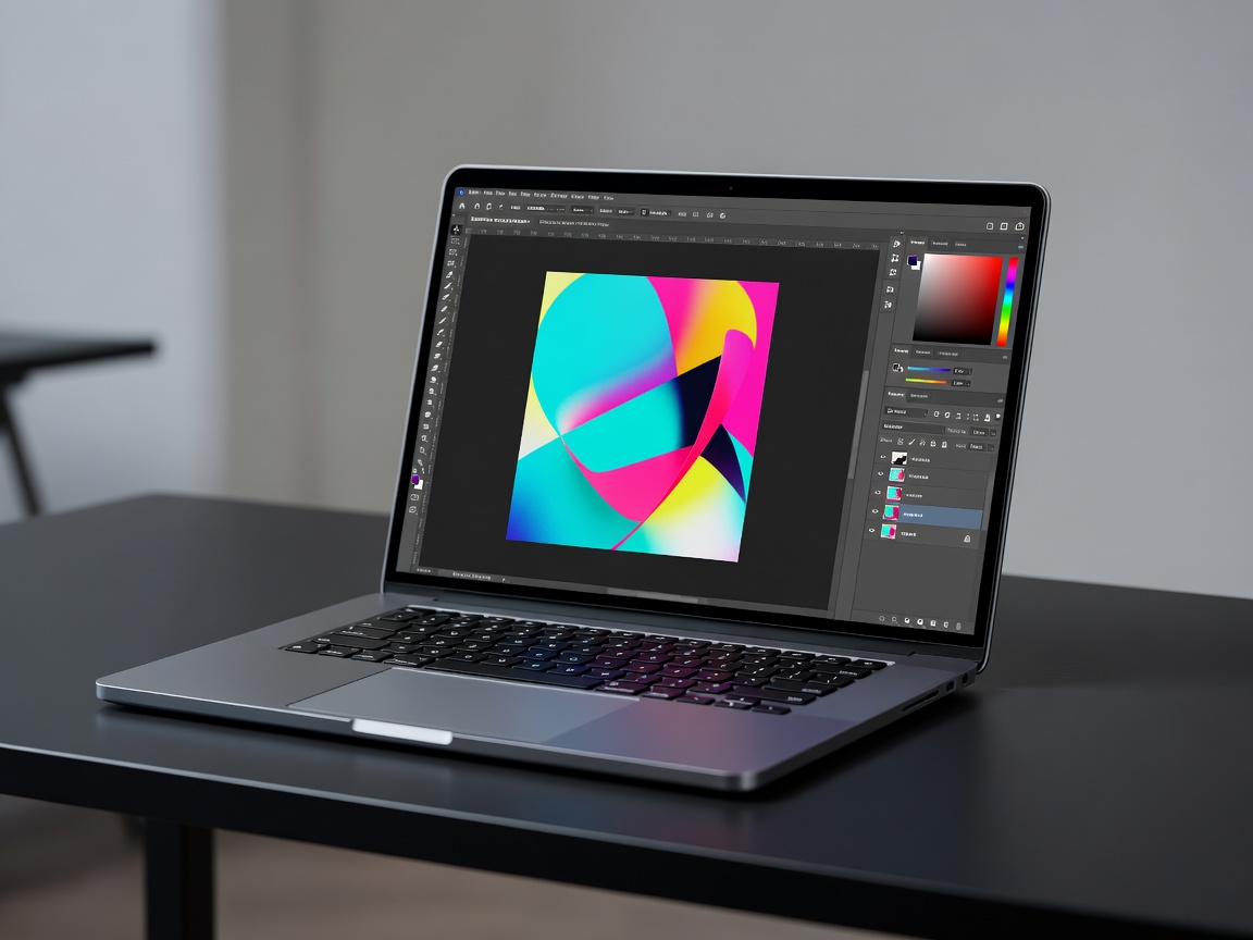 High resolution color calibrated graphic design laptop running Photoshop workspace